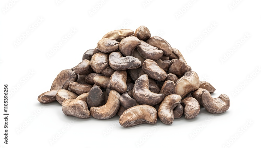 A large pile of cashew nuts, showcasing their rich brown and beige hues against a stark white background. The image highlights the natural texture and shape of the nuts. A large pile of cashew nuts, showcasing their rich brown and beige hues against a stark white background. The image highlights the natural texture and shape of the nuts.