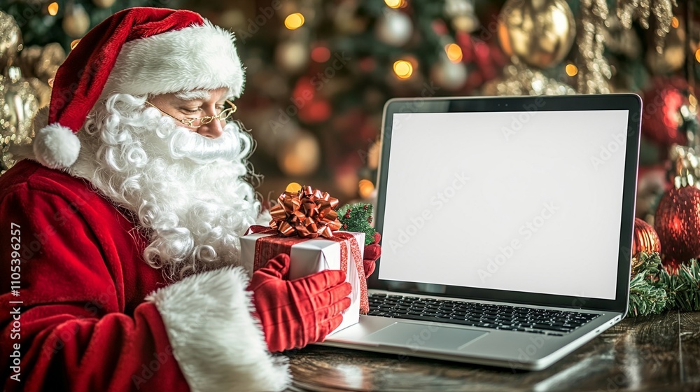© Maria Mikhaylichenko - Santa Claus embraces modern technology, using a laptop amidst festive decorations. A wrapped gift beside him hints at merging tradition with digital age. © Maria Mikhaylichenko - Santa Claus embraces modern technology, using a laptop amidst festive decorations. A wrapped gift beside him hints at merging tradition with digital age.