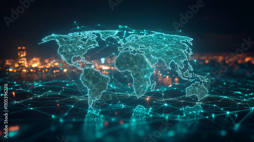 Futuristic world map showing global network connections and data exchange over a blurred city lights background at night