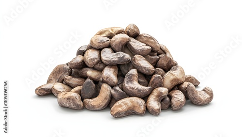 A large pile of cashew nuts, showcasing their rich brown and beige hues against a stark white background. The image highlights the natural texture and shape of the nuts.