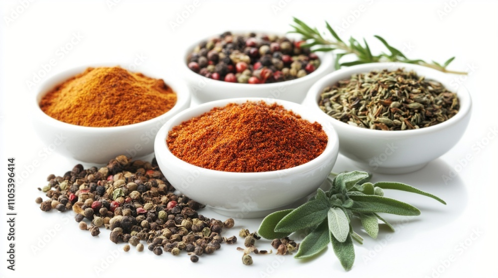 Vibrant array of aromatic spices and herbs in white bowls: turmeric, paprika, peppercorns, and dried herbs, with fresh sage and rosemary sprigs. Vibrant array of aromatic spices and herbs in white bowls: turmeric, paprika, peppercorns, and dried herbs, with fresh sage and rosemary sprigs.