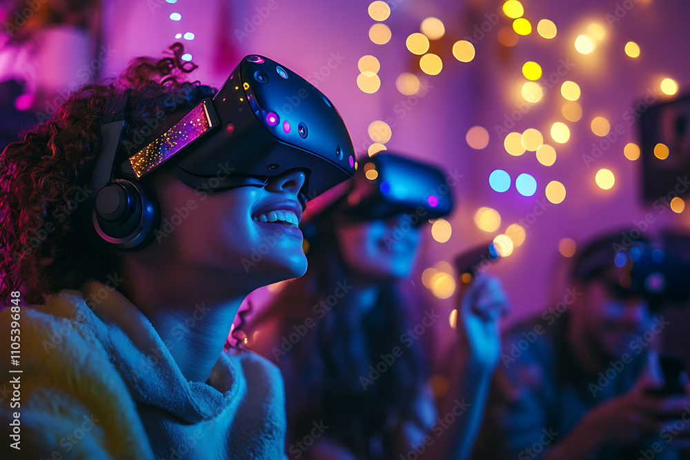 Young adults celebrating New Year's Eve with virtual reality headsets in a festive setting. Perfect for tech campaigns, modern holiday advertisements, and lifestyle promotions Young adults celebrating New Year's Eve with virtual reality headsets in a festive setting. Perfect for tech campaigns, modern holiday advertisements, and lifestyle promotions
