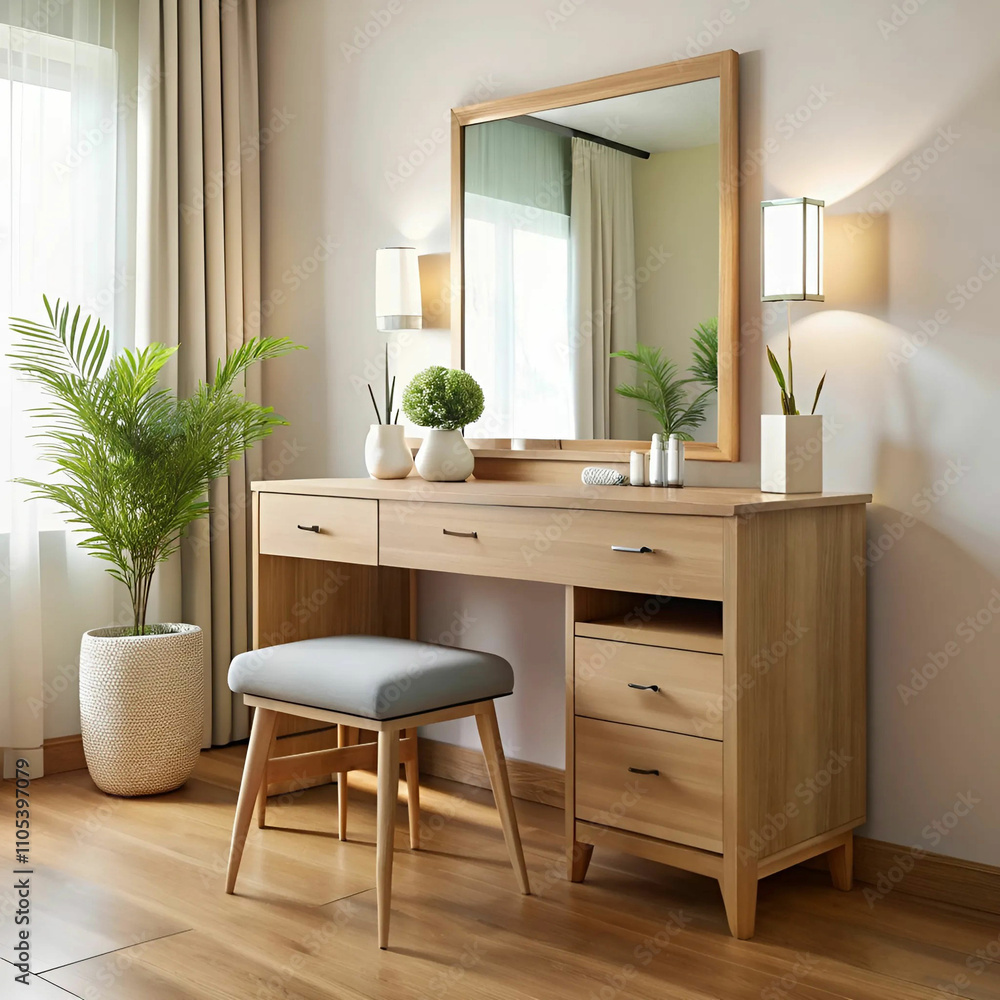 Fototapeta premium A modern bedroom setup featuring wooden furniture, including a sleek vanity
