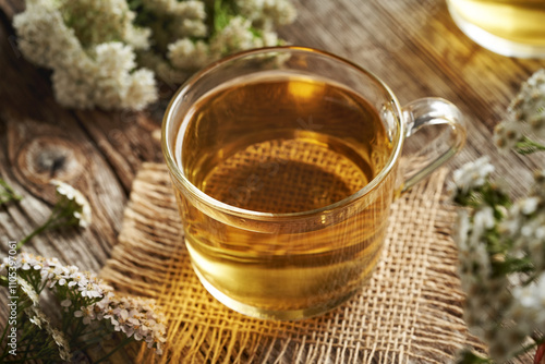 Herbal tea in a glass cup with fresh yarrow or Achillea millefolium flowers