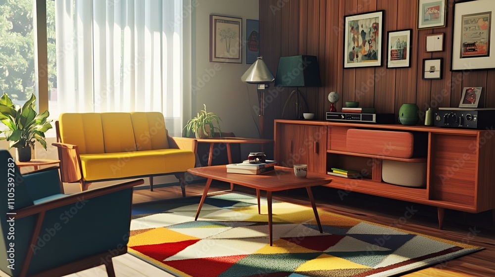 Cozy living space blending mid-century and Scandinavian design, featuring bold color-blocked seating, geometric rug, and retro accents Cozy living space blending mid-century and Scandinavian design, featuring bold color-blocked seating, geometric rug, and retro accents