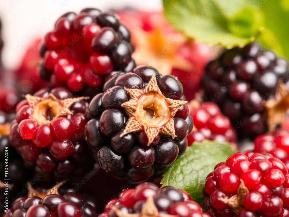 Close up of fresh raspberries and blackberries with a red spot in the middle, ingredients, macro Close up of fresh raspberries and blackberries with a red spot in the middle, ingredients, macro