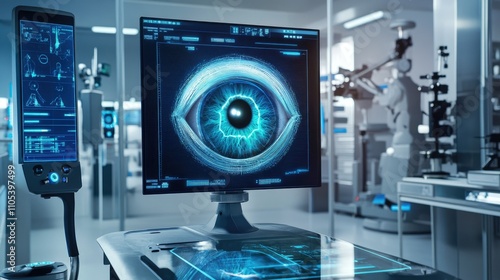 A futuristic retinal scan setup with holographic eye diagrams displayed in real-time.