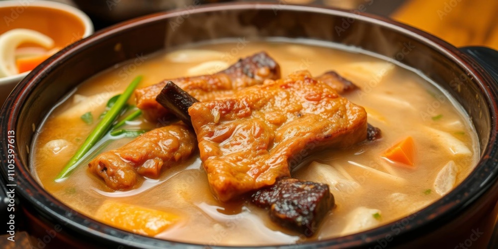 Close up of hearty Hericium ribs soup in a traditional Chinese clay pot, clay pot, Chinese food Close up of hearty Hericium ribs soup in a traditional Chinese clay pot, clay pot, Chinese food