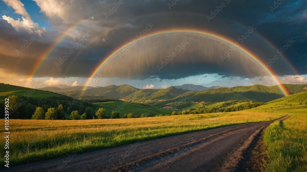 Amazing scene in summer mountains. Lush green grassy meadows in fantastic evening sunlight. Rural road and beautyful rainbow in dramatic sky. Landscape photography Amazing scene in summer mountains. Lush green grassy meadows in fantastic evening sunlight. Rural road and beautyful rainbow in dramatic sky. Landscape photography