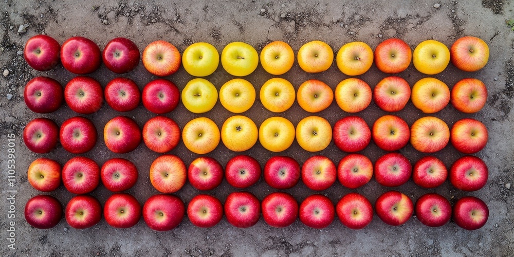 A collection of thirty five red and yellow apples arranged neatly in five lines and seven columns on the ground, showcasing the vibrant colors of apples in an organized display. A collection of thirty five red and yellow apples arranged neatly in five lines and seven columns on the ground, showcasing the vibrant colors of apples in an organized display.