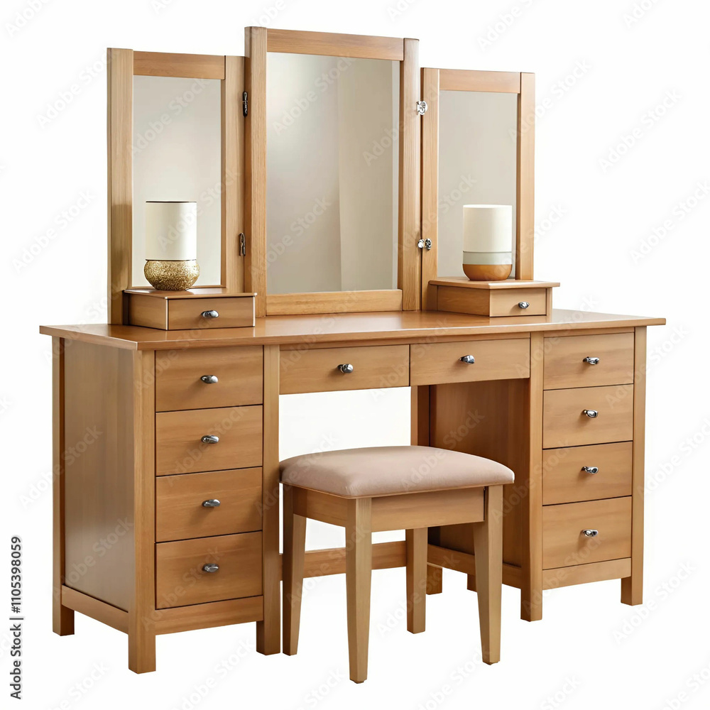 A modern bedroom setup featuring wooden furniture, including a sleek vanity A modern bedroom setup featuring wooden furniture, including a sleek vanity