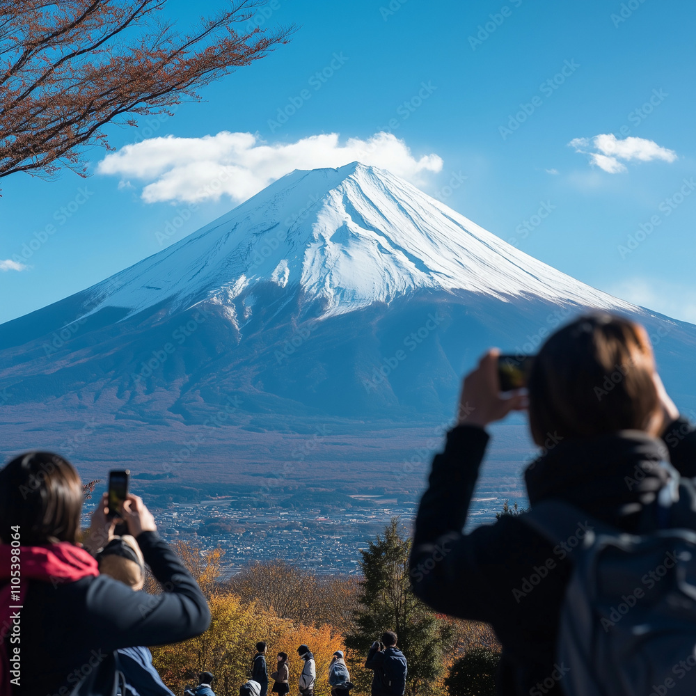 Naklejka premium 秋の山中湖から見た冠雪の冠雪した富士山