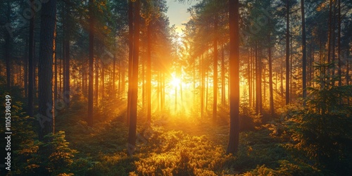 Stunning sunset and sunrise cast beautiful sunshine in a sunny spring forest. Sunlight and sunbeams filter through coniferous trees, creating a captivating forest landscape filled with light.