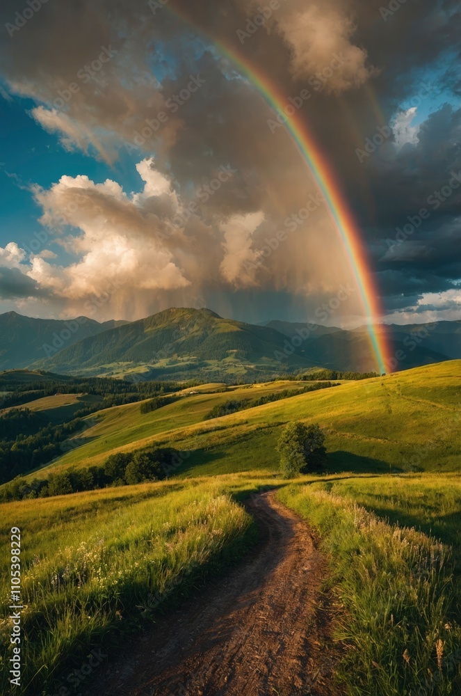 Amazing scene in summer mountains. Lush green grassy meadows in fantastic evening sunlight. Rural road and beautyful rainbow in dramatic sky. Landscape photography Amazing scene in summer mountains. Lush green grassy meadows in fantastic evening sunlight. Rural road and beautyful rainbow in dramatic sky. Landscape photography
