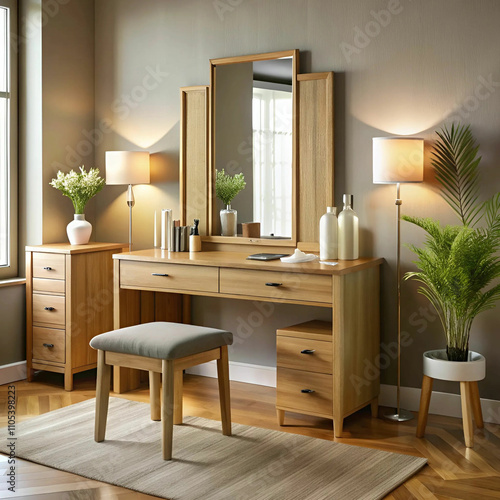 A modern bedroom setup featuring wooden furniture, including a sleek vanity