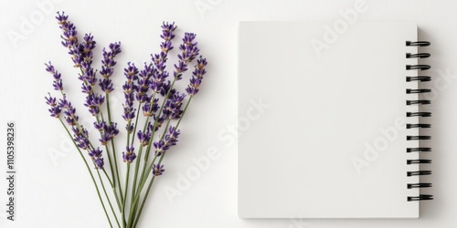 Open spiral notebook featuring blank sheets positioned near a sprig of lavender, all set against a white background, creating a serene atmosphere for creativity and inspiration.