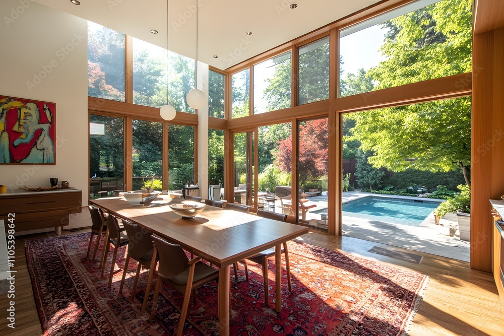 Fototapeta premium Elegant open-plan dining and kitchen with garden and pool views