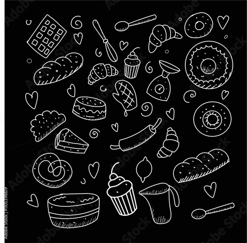 hand draw set of baking and cooking tools with a black background
