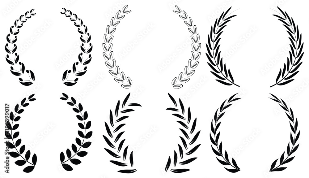Set of circular laurel wreath. Emblem floral Greek branch of oak leaves, eucalyptus leaf, Wheat, winner award, champion medal, swirls, twigs and flower ornaments vector. Set of circular laurel wreath. Emblem floral Greek branch of oak leaves, eucalyptus leaf, Wheat, winner award, champion medal, swirls, twigs and flower ornaments vector.