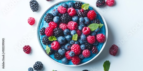 Top view of a delicious blue cheesecake adorned with a variety of fresh berries, showcasing the vibrant colors and textures of the blue cheesecake on a clean white background.