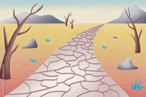 Desert Trail with Cracked Earth and Sparse Vegetation in Sunlight