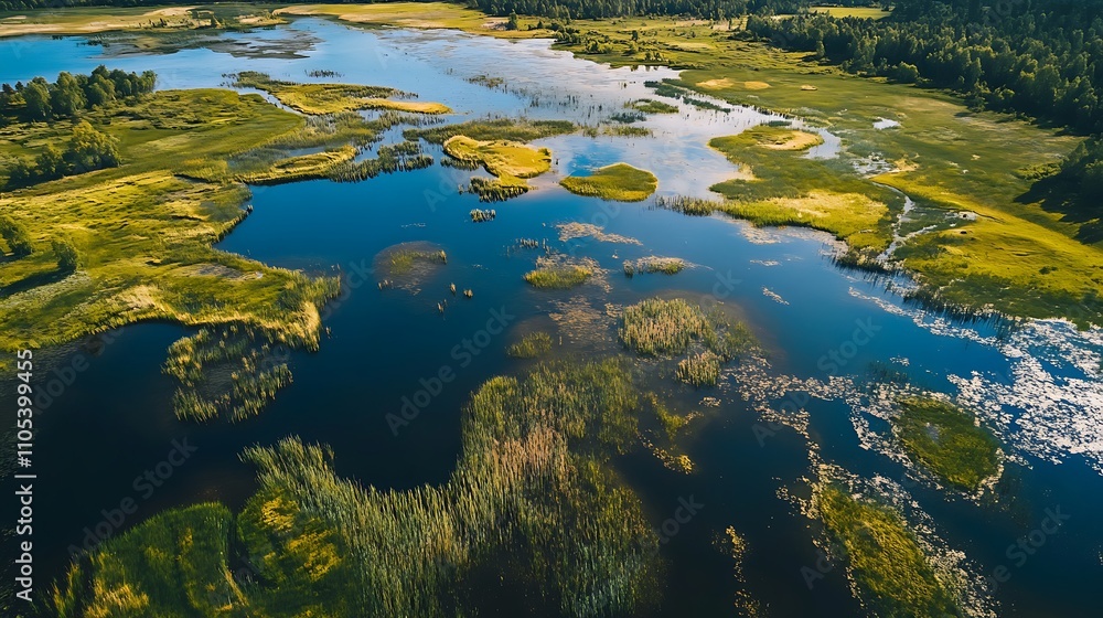 Aerial View of Serene Lake and Lush Wetlands Aerial View of Serene Lake and Lush Wetlands