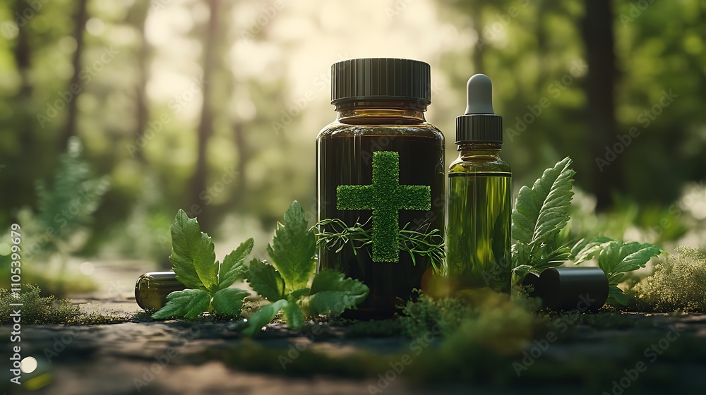 A sleek first aid kit with a cross made of green vines, displayed with essential oils and medicinal plants, Medicine and herbs A sleek first aid kit with a cross made of green vines, displayed with essential oils and medicinal plants, Medicine and herbs