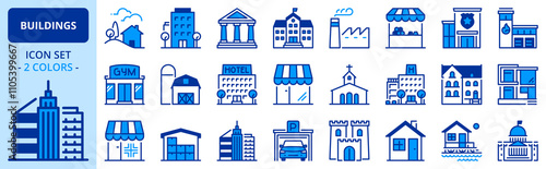 Icons in two colors about buildings. Architecture