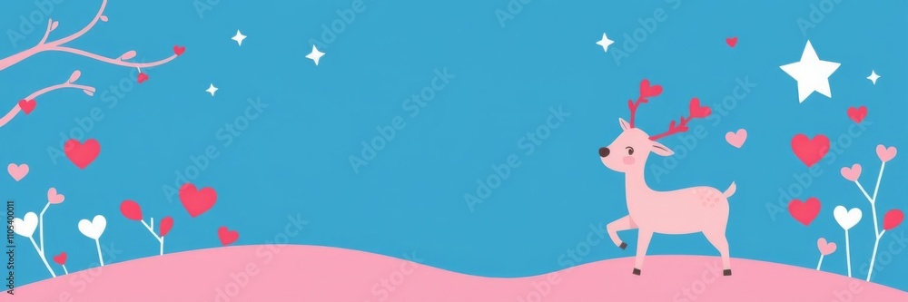 Cute red deer with blue star, red branch with blue star, two hearts on pink and blue background with white rectangle, hearts, branch Cute red deer with blue star, red branch with blue star, two hearts on pink and blue background with white rectangle, hearts, branch
