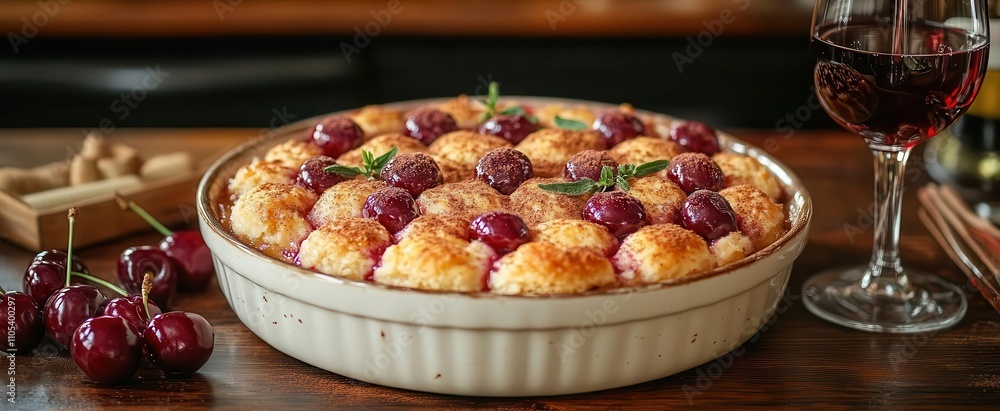 delicious cherry cobbler topped with a dusting of cinnamon served in a rustic dish alongside a glass of port wine set against a warm inviting kitchen backdrop delicious cherry cobbler topped with a dusting of cinnamon served in a rustic dish alongside a glass of port wine set against a warm inviting kitchen backdrop