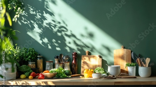 A zero-waste kitchen setup with fresh ingredients, set on a serene green backdrop for eco-consciousness photo