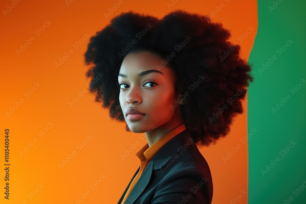 Young pro woman with afro wears business suit against warm orange, cool green backdrop. Stylish, confident. Modern office style. Trendy fashion portrait. Vibrant colors. Professional image. Afro hair Young pro woman with afro wears business suit against warm orange, cool green backdrop. Stylish, confident. Modern office style. Trendy fashion portrait. Vibrant colors. Professional image. Afro hair