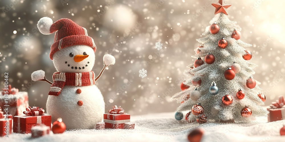 Christmas scene a wool snowman standing next to a felt Christmas tree, felt art style with bright holiday colors, christmas card for greeting Christmas scene a wool snowman standing next to a felt Christmas tree, felt art style with bright holiday colors, christmas card for greeting