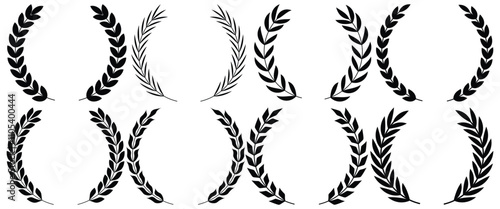 Set of circular laurel wreath. Emblem floral Greek branch of oak leaves, eucalyptus leaf, Wheat, winner award, champion medal, swirls, twigs and flower ornaments vector.