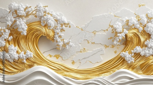 Luxury wallpaper design features white, gold waves. Decorative white flowers, gold details create sophisticated, elegant style. Ideal for home decor interior design projects. Premium quality