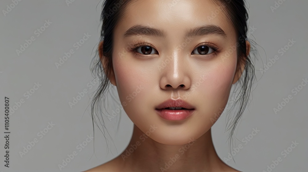 Close-up of a beautiful Asian woman with glowing skin, posing in a studio setting. Ideal for beauty, skincare, and cosmetics advertisements. High quality image for conceptual and promotional use Close-up of a beautiful Asian woman with glowing skin, posing in a studio setting. Ideal for beauty, skincare, and cosmetics advertisements. High quality image for conceptual and promotional use