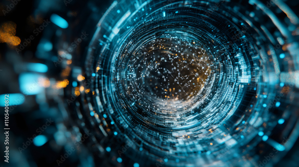 Obraz premium Abstract digital tunnel with rotating glowing particles and network connections, symbolizing data transmission and futuristic technology