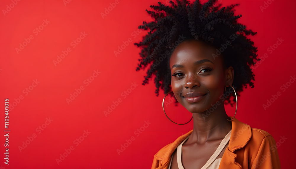Portrait of a young Black woman with curly hair and large earrings against a red background
Portrait of a young Black woman with curly hair and large earrings against a red background