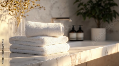 Luxurious white towels stacked on marble counter with warm sunlight. Elegant bathroom setting with decorative elements and spa accessories. Perfect for hotel, spa and wellness lifestyle content