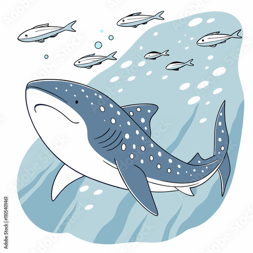 A serene whale shark gliding through turquoise waters, surrounded by a vibrant school of smaller fish, evoking the beauty of marine life.
