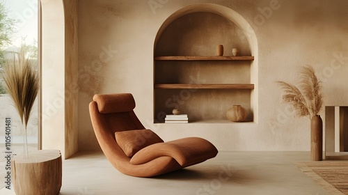 Japandi-inspired minimalist living room, terra cotta recliner chair, textured stucco wall with arched shelf, and natural wooden accents