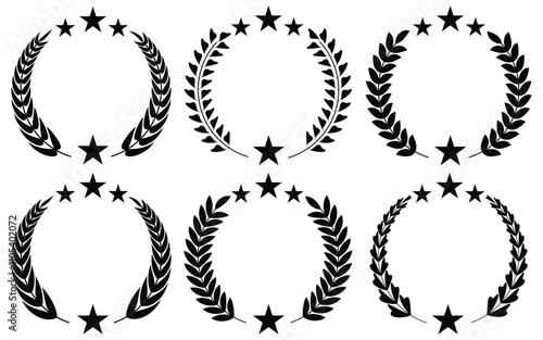 Set of circular laurel wreath. Emblem floral Greek branch of oak leaves, eucalyptus leaf, Wheat, winner award, champion medal, swirls, twigs and flower ornaments vector.