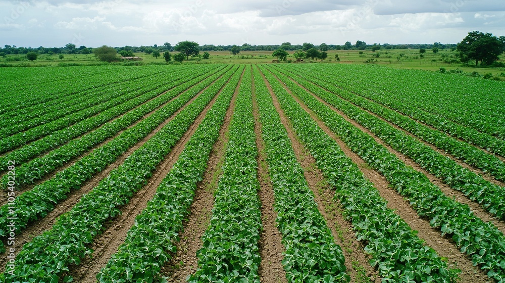Lush green vegetable field stretches under cloudy sky in rural landscape Lush green vegetable field stretches under cloudy sky in rural landscape