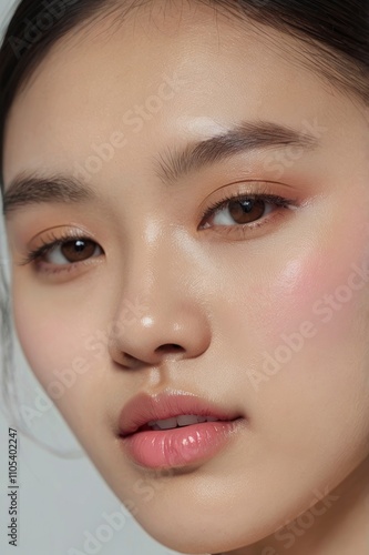 Close-up photo of a beautiful young woman's face with fresh and smooth skin and pink lips with a light background _ smooth skin with skin and body care