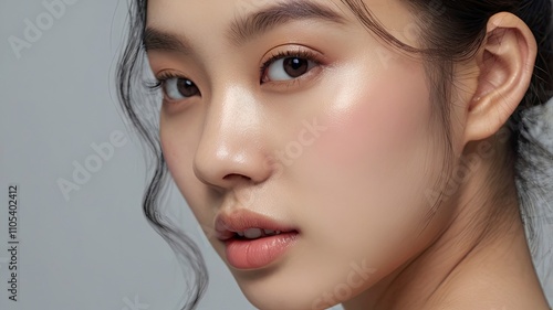 Cosmetics skincare concept photo. Woman with beautiful face touching healthy facial skin portrait. Beautiful smiling Asian girl model with natural makeup enjoys glowing hydrated smooth skin on beige