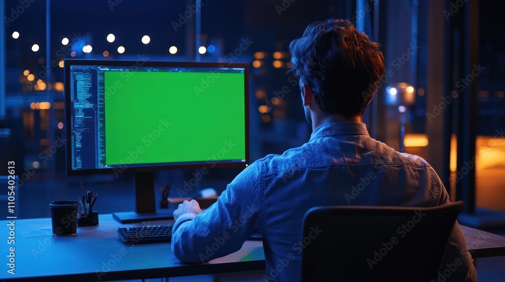 cinematic right side over the shoulder portrait at 45 degree angle of a system analyst working at desk in industrial corporate building, day time lighting,