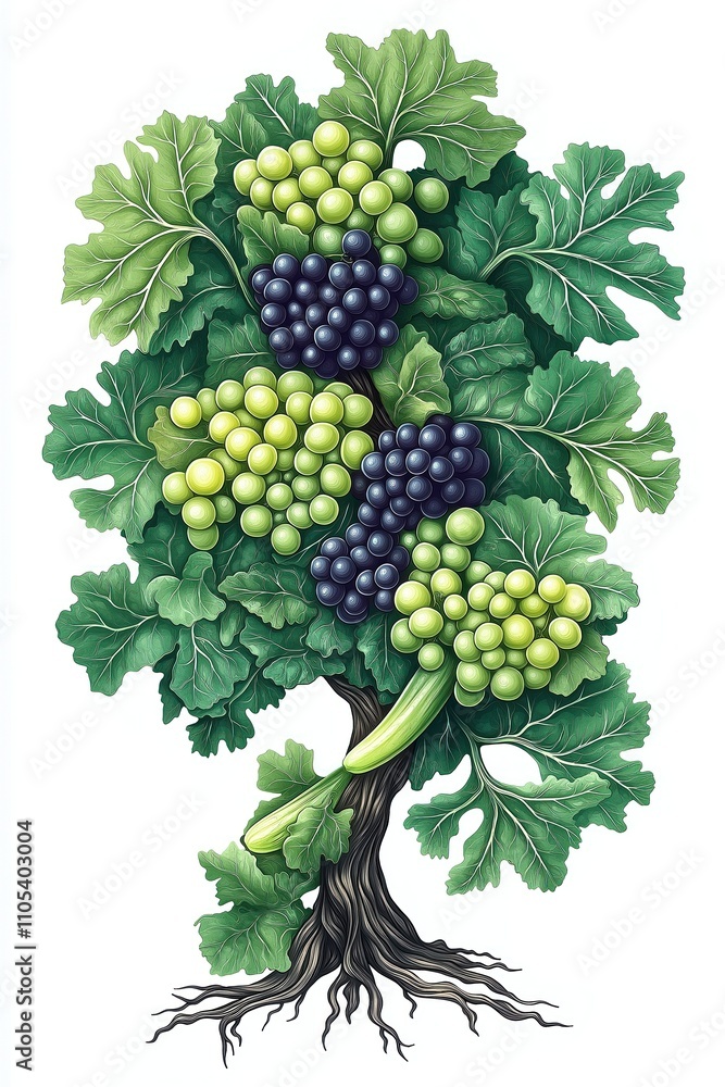 Obraz premium Green leafy vegetables, grapes form tree-like arrangement. Green, dark purple grapes cluster together on stems resemble branches. Leaves, vibrant. Root system visible at base of structure. Healthy
