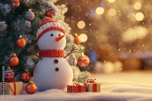 Christmas scene a wool snowman standing next to a felt Christmas tree, felt art style with bright holiday colors, christmas card for greeting