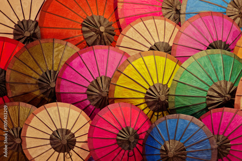Collection of colourful umbrellas. Laos