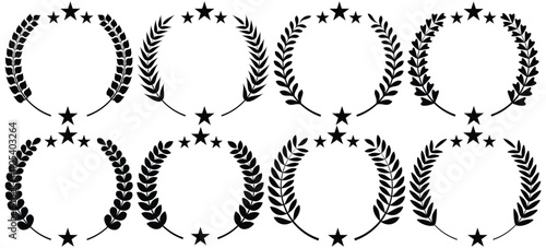 Set of circular laurel wreath. Emblem floral Greek branch of oak leaves, eucalyptus leaf, Wheat, winner award, champion medal, swirls, twigs and flower ornaments vector.